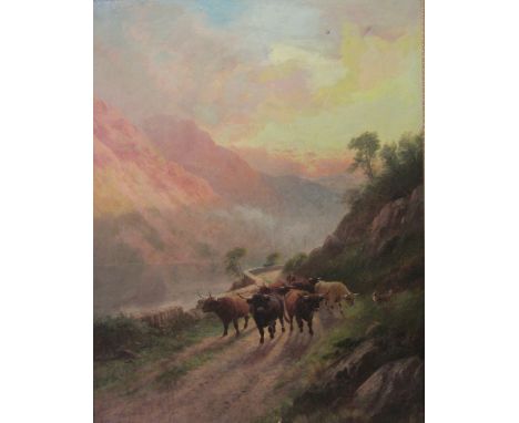 H R Hall (British fl.1895-1902): 'Highland Cattle in the Pass of Brander' Scottish Highlands, oil on canvas signed, titled an