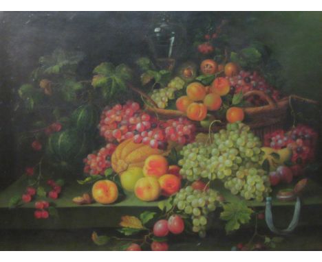 Dutch School (19th/20th century): Still Life of Fruit and Basket on a Stone Shelf, oil on canvas unsigned 68cm x 87cm