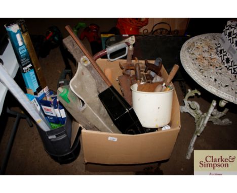 A box containing various tools to include hand tools, spirit level, first aid box etc.