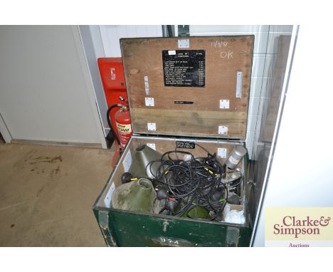 A military case and contents of lighting to include a large quantity of green enamel light shades