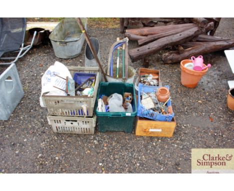 Five boxes; a galvanised coal scuttle; galvanised pail; various fittings and tools 