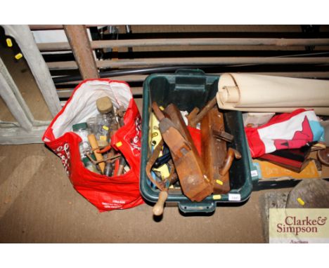 Two boxes containing various hand tools; wood working planes; nails; screws etc