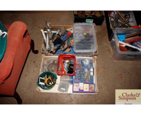 Two boxes of various tools to include axle stands, bottle jacks etc.