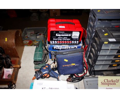 A heavy duty starting charger; a Bosch orbital sander; a hot glue gun etc