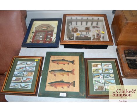 Two fishing style dioramas together with a print depicting trout, a framed quantity of Will's cigarette cards