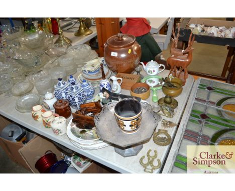 A quantity of miscellaneous china to include collector's plates, salt glazed jar and cover AF, horse brasses, pedestal bowl e
