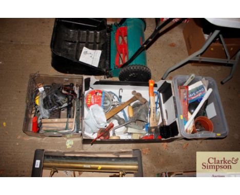 Three boxes containing various hand tools etc