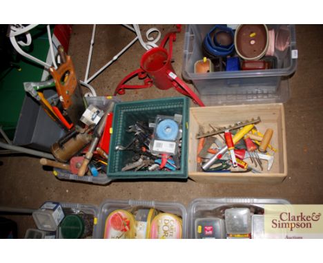 Three boxes of assorted hand tools and gardening tools