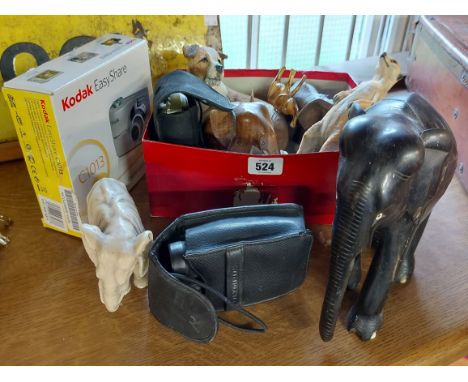 A box containing a small quantity of collectable animal figurines including elephants, etc. - sold with a boxed Kodak Easy Sh