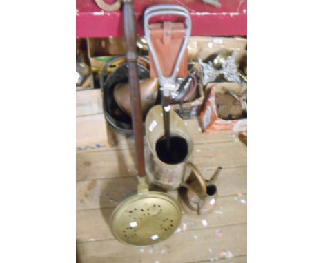 A large coopered oak and brass jug form stick stand - sold with an old copper coffee pot, a 19th Century brass warming pan an