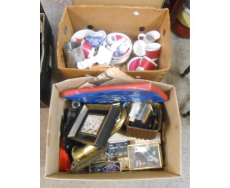 A box containing a quantity of collectable items including brass bugle, 1953 Coronation portable seat cushion, etc. - sold wi