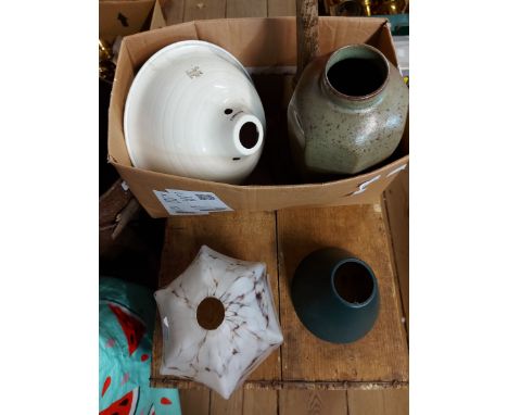 A green glazed pottery lamp base - sold with a wooden lamp base, vintage opaque glass shade and two modern metal lampshades