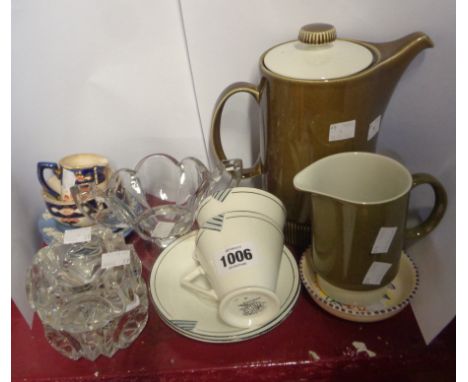 A quantity of ceramics and glassware including two Pallissy bone china Art Deco cups and saucers, a Poole Pottery coffee pot 