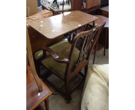 An antique Chippendale style mahogany framed elbow chair with remains of upholstery to seat - sold with a vintage bed table w