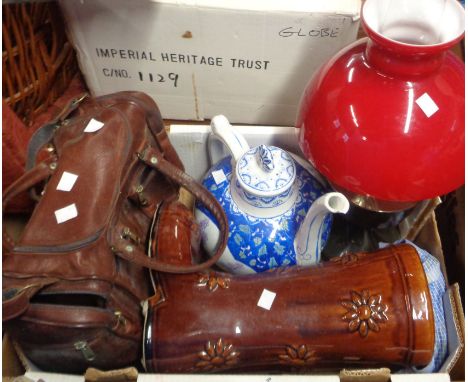 A box containing a quantity of ceramics and collectable items comprising boot form umbrella stand, large Chinese porcelain te