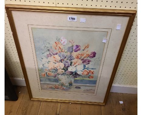 Victor Hernandes: a framed watercolour still life with vase of flowers on a windowsill - signed