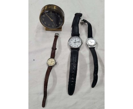 Three steel cased wristwatches including an Eterna example - sold with a brass cased CYMA alarm clock - various condition