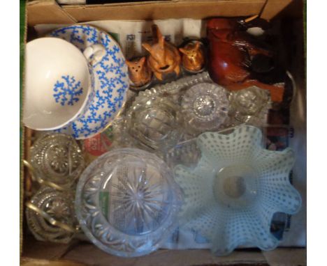 A box containing a quantity of ceramics and glassware including large Royal Worcester cup and saucer, kangaroo novelty cruet,