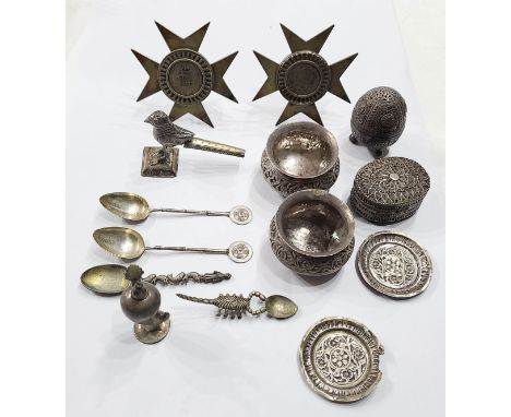 A bag containing collectable Eastern and Oriental white metal and other small collectables including pair of salts, ovoid pep