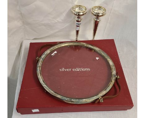 A boxed Silver Editions silver plated and glass serving platter with flanking leather handles - sold with pair of silver plat