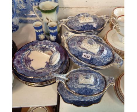A small quantity of late 19th Century blue transfer printed tableware including tureens, sauce tureen and ladle, plates, etc.