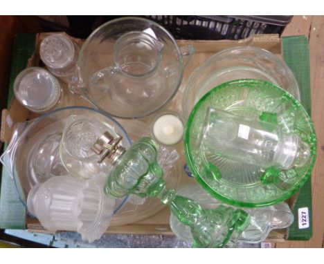 A box containing a quantity of coloured and other glassware including green oil lamp, etc.