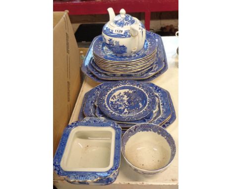 A quantity of Burleigh Ware blue and white transfer printed ceramics decorated in the 'Willow' pattern including teapot, grad