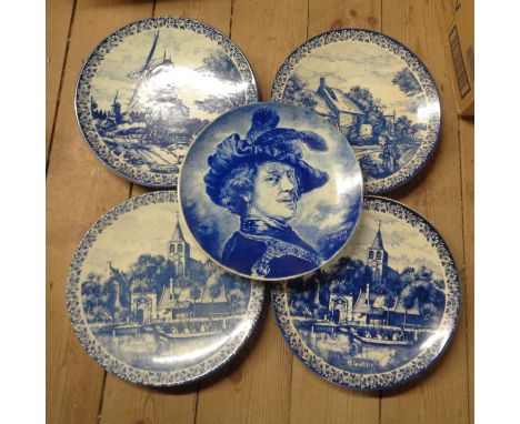 Eight mid 20th Century delftware chargers with blue transfer printed decoration - sold with another similar