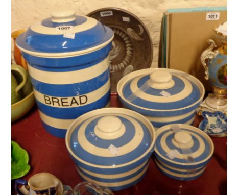 A set of three graduated T.G. Green Cornish ware lidded tureens - sold with a similar Cloverleaf bread crock