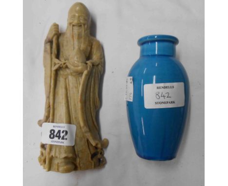An antique Chinese carved soapstone figurine of a Shoux god of Chinese astronomy - sold with a small blue glaze ceramic vase