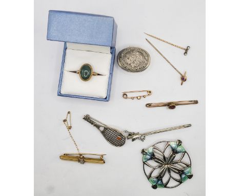 A marked 15ct. bar brooch, set with three small central diamonds - sold with 9ct. and other stick pins and brooches, an ename