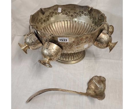 An old silver plated copper punch bowl with six Pinder Bros plated punch cups and a ladle