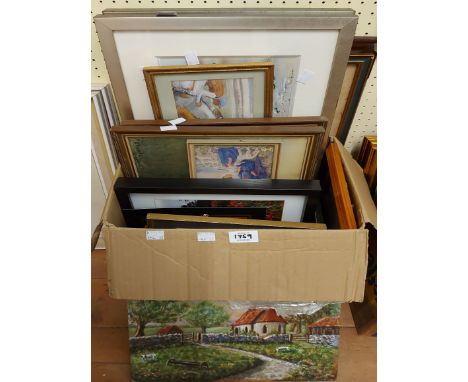 A box containing a selection of framed prints and other pictures including hunting, coastal and other subjects