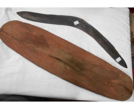 A vintage Western Australia Aboriginal shield - sold with an antique wood New South Wales Aboriginal boomerang