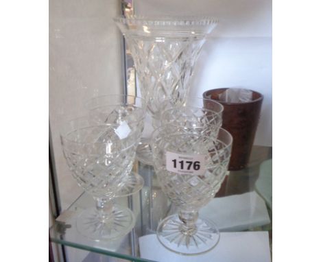 Four cut glass goblets - sold with a cut glass vase and a set of poker dice and leather shaker