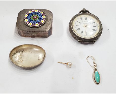 A modern 925 pill box with inset millefiori panel - sold with a 935 cased pocket watch, yellow metal stud earring, etc.