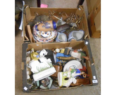 Two boxes containing a quantity of assorted collectables and ceramic items including child's plates, cat figurines, etc.