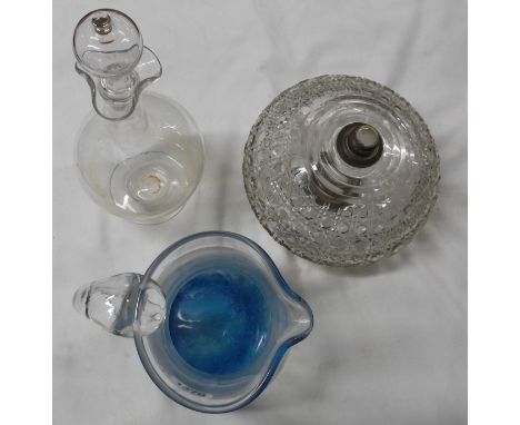 An Art Glass vase with internal blue decoration - sold with a decanter and a cut glass oil lamp reservoir