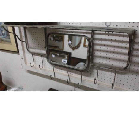 A reproduction railway parcel shelf with distressed painted finish, swing mirror and coat hooks under - sold with a small old