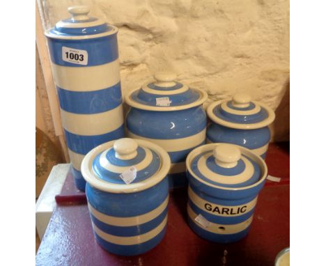 A quantity of T.G. Green Cornish Ware comprising three storage jars and a garlic pot - sold with a similar Mason Cash pasta j