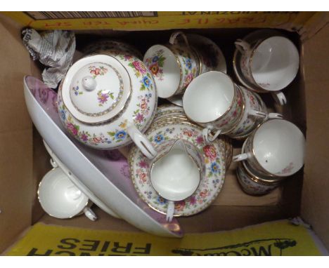 A box containing a Royal Grafton bone china part tea set decorated in the 'Malvern' pattern including teapot, cups and saucer