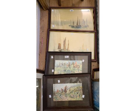 W. Knowles: a pair of framed watercolours, both depicting sailing fishing boats at dusk - signed - surface scuffs - sold with