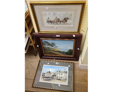 †Kenneth Wynn: a gilt framed watercolour, depicting a carriage driving team - signed - sold with John Howell: a framed waterc