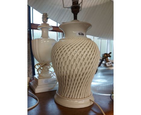 An urn form marble table lamp - sold with a large ceramic baluster style lamp with woven effect decoration