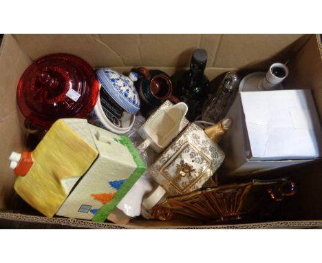 A box containing a quantity of ceramics, glassware and collectable items including cottage form biscuit barrel, Sadler teapot