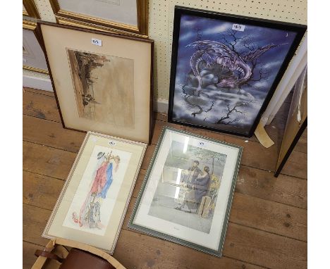 A framed watercolour, depicting clothes on a freestanding bentwood hat and coat stand - signed - sold with a book plate, fant