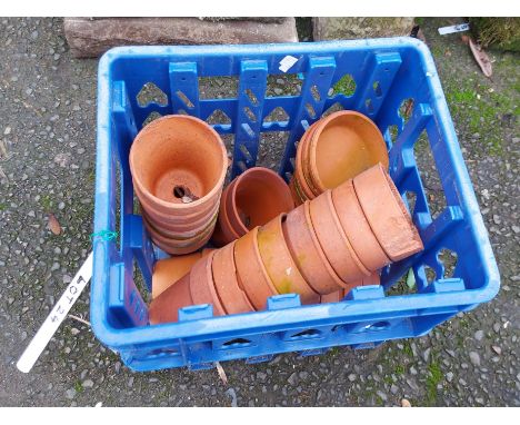 A crate containing small terracotta pots and saucers