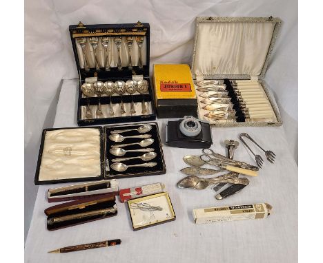 A box containing silver plated items and other collectables including two cameras, also a cased vintage rolled gold Yard-O-Le