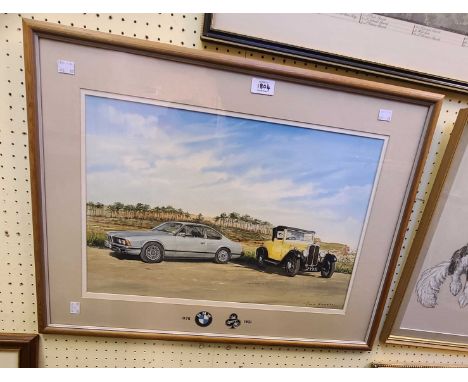 John Howell: a framed watercolour study of a 1978 BMW and a 1931 Swift automobile - signed