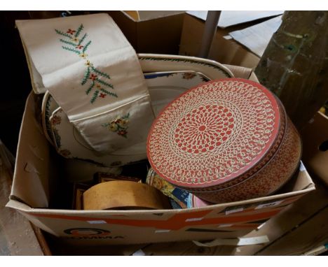 A box containing a vintage a cut throat razor, two meat plates, etc.